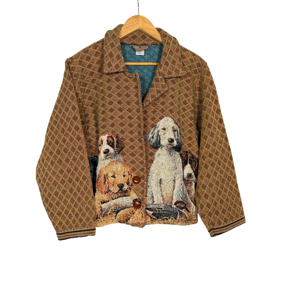 Scene Weaver Dog Tapestry Jacket Brown Cotton Woven Collared Small Medium USA